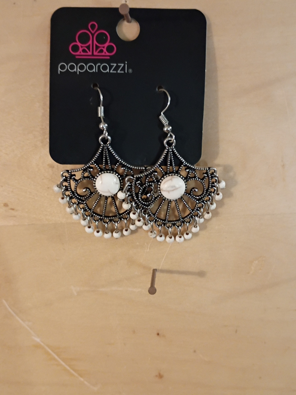 Paparazzi Silver Filigree Fan Earrings with White Beads